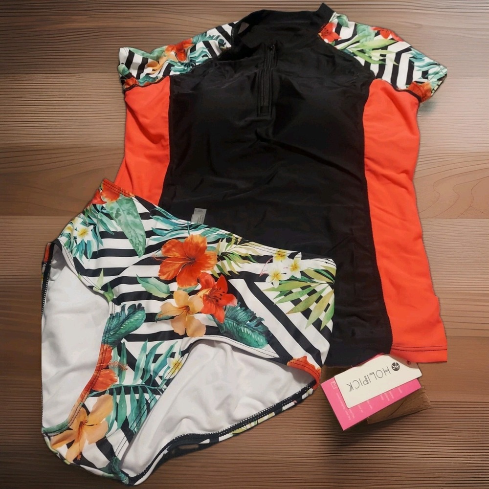 HOLIPICK Womens Two Piece Swim Suit Short Sleeve Rash Guard‎ Size Small Zipper